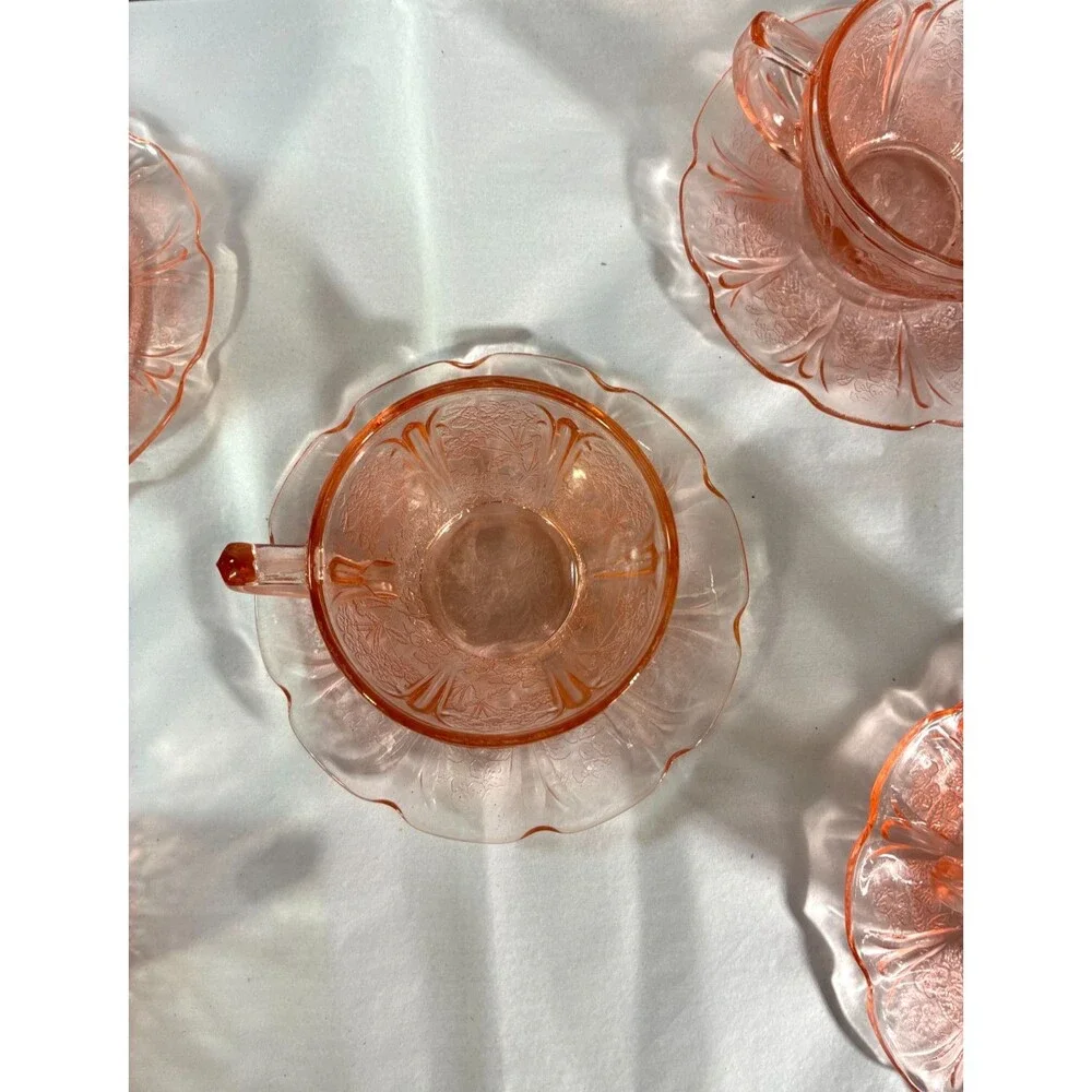 Jeannette Pink Cherry Blossom Depression Glass Cups Saucers 10 Pc Set VTG